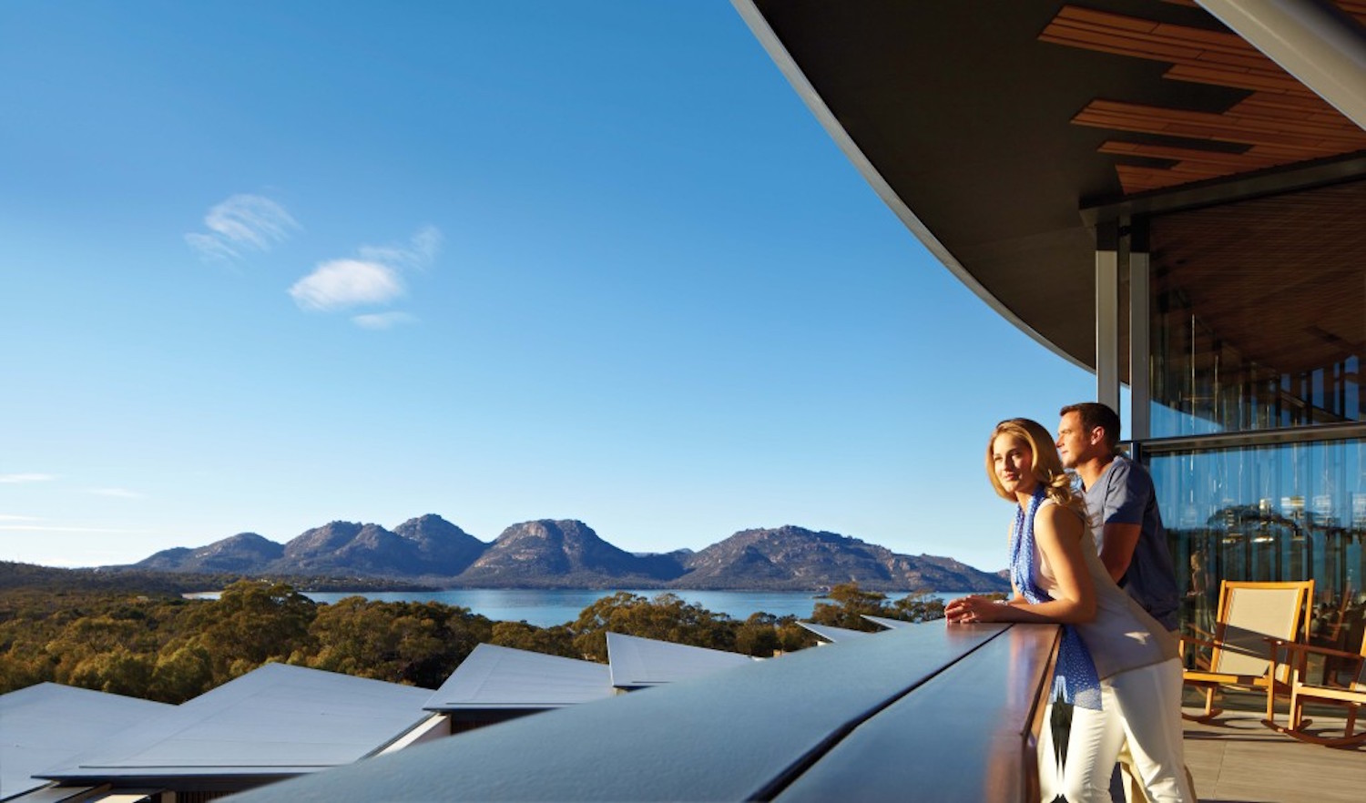 Looking out over Wineglass bay from Safire Lodge, Freycinet in Tasmania